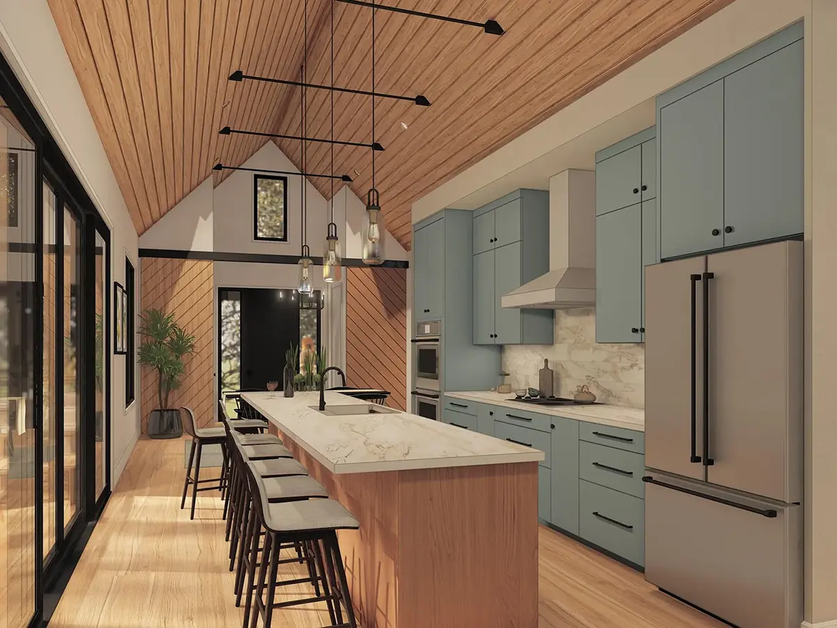 Vieno aukšto namo projektas 181 m²: 3 Miegamieji, 2 Vonios, Atvira virtuvė, be Garažo