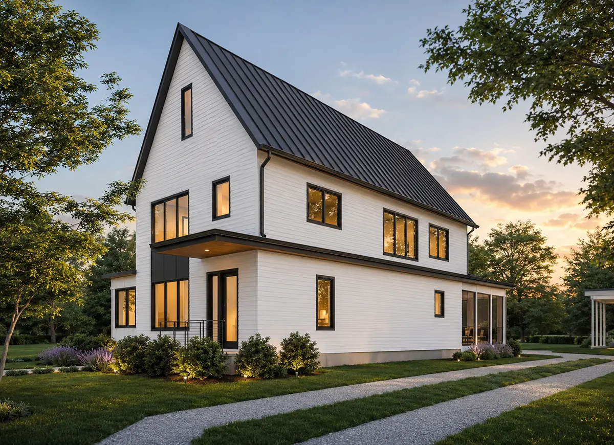 Dviejų aukštų namo projektas 299 m²: 4 Miegamieji, Darbo kambarys, 4 Vonios, Atvira virtuvė, be Garažo