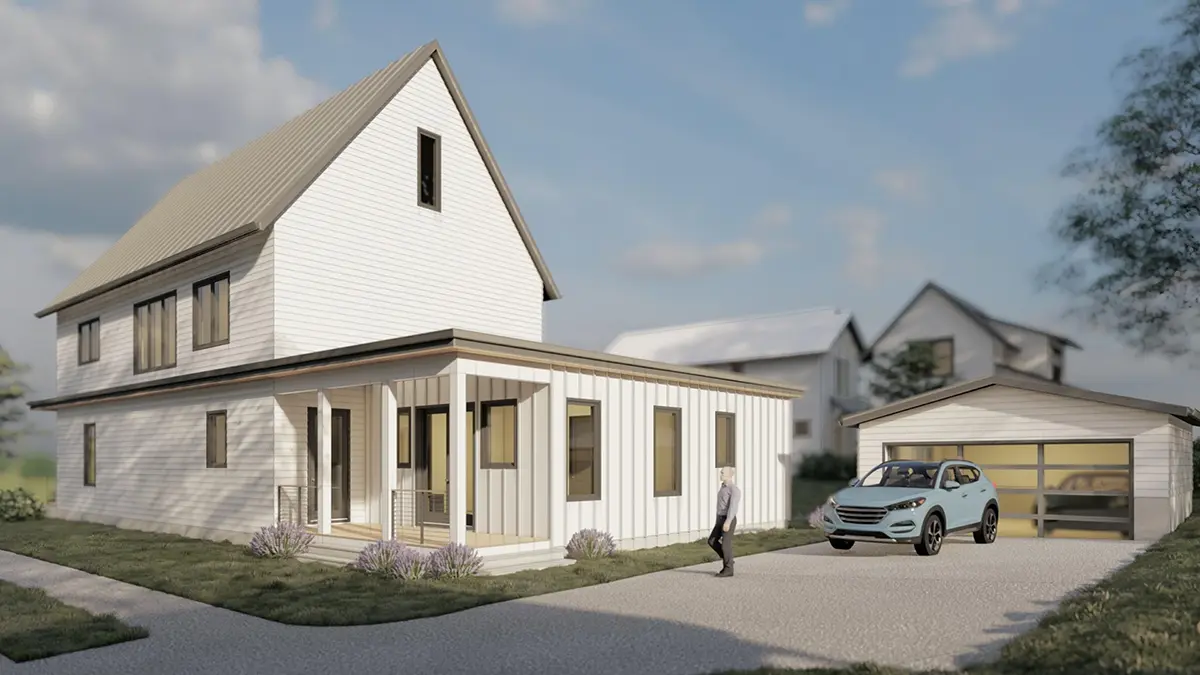 Dviejų aukštų namo projektas 299 m²: 4 Miegamieji, Darbo kambarys, 4 Vonios, Atvira virtuvė, be Garažo