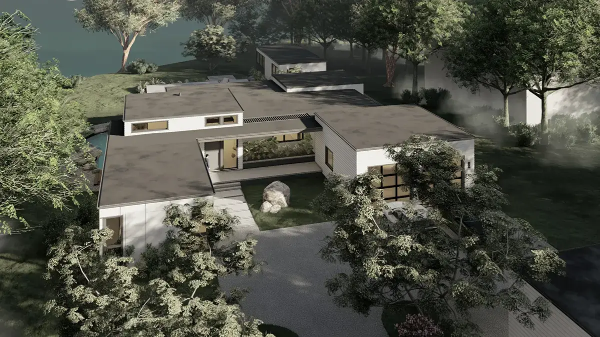 Vieno aukšto namo projektas 347 m²: 4 Miegamieji, Darbo kambarys, 6 Vonios, Atvira virtuvė, Garažas