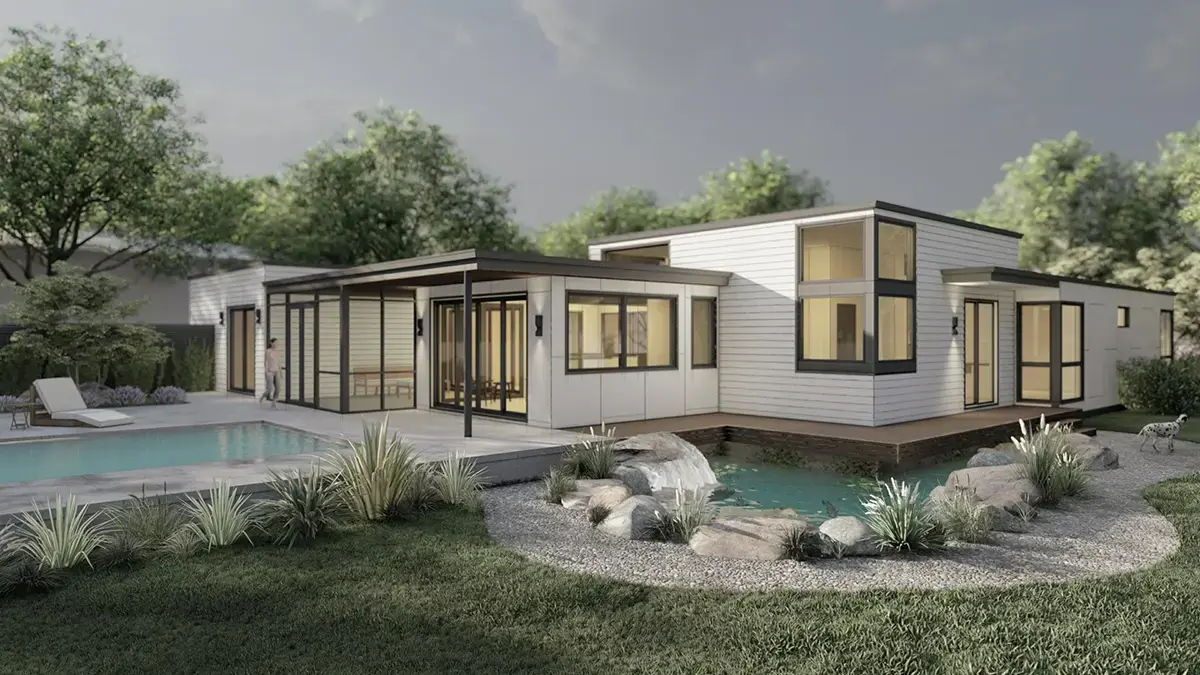 Vieno aukšto namo projektas 347 m²: 4 Miegamieji, Darbo kambarys, 6 Vonios, Atvira virtuvė, Garažas