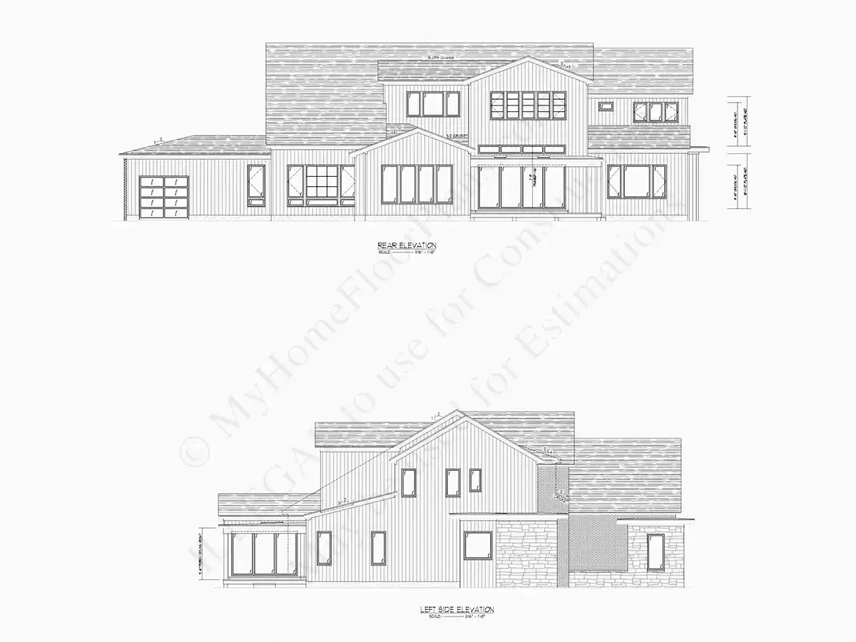 Dviejų aukštų namo projektas 582 m²: 4 Miegamieji, Darbo kambarys, 6 Vonios, Atvira virtuvė, Garažas