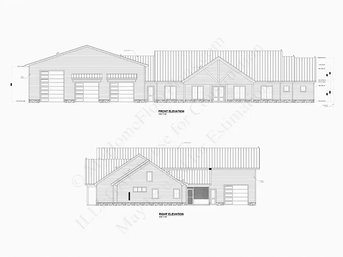 Vieno aukšto namo projektas 375 m²: 3 Miegamieji, Darbo kambarys, 5 Vonios, Atvira virtuvė, Garažas