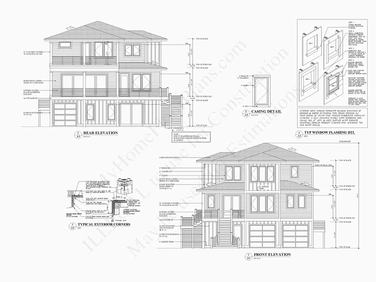 Trijų aukštų namo projektas 387 m²: 4 Miegamieji, Darbo kambarys, 5 Vonios, Atvira virtuvė, Garažas