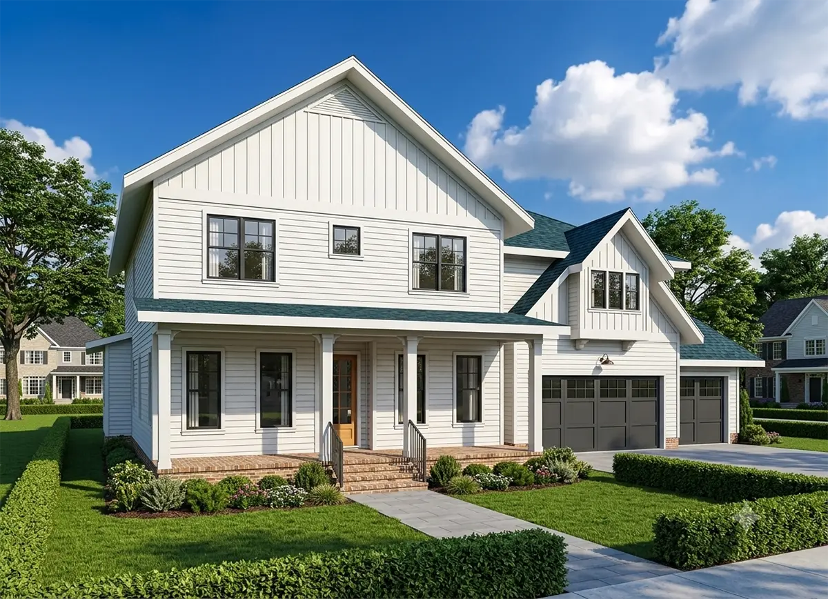 Dviejų aukštų namo projektas 445 m²: 4 Miegamieji, Darbo kambarys, 5 Vonios, Atvira virtuvė, Garažas