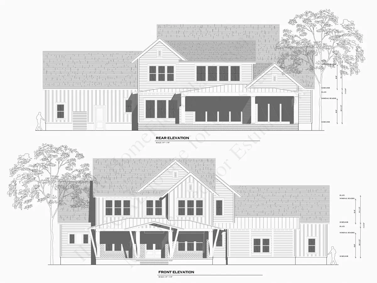 Dviejų aukštų namo projektas 437 m²: 5 Miegamieji, Darbo kambarys, 5 Vonios, Atvira virtuvė, Garažas