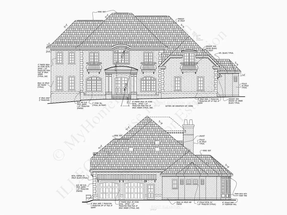 Dviejų aukštų namo projektas 479 m²: 4 Miegamieji, Darbo kambarys, 5 Vonios, Garažas
