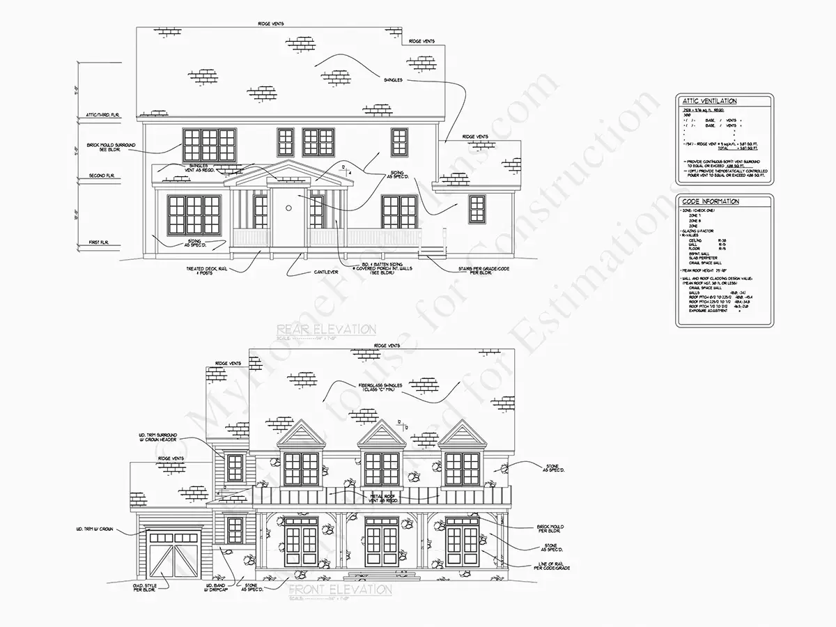 Dviejų aukštų namo projektas 409 m²: 5 Miegamieji, Darbo kambarys, 6 Vonios, Atvira virtuvė, Garažas