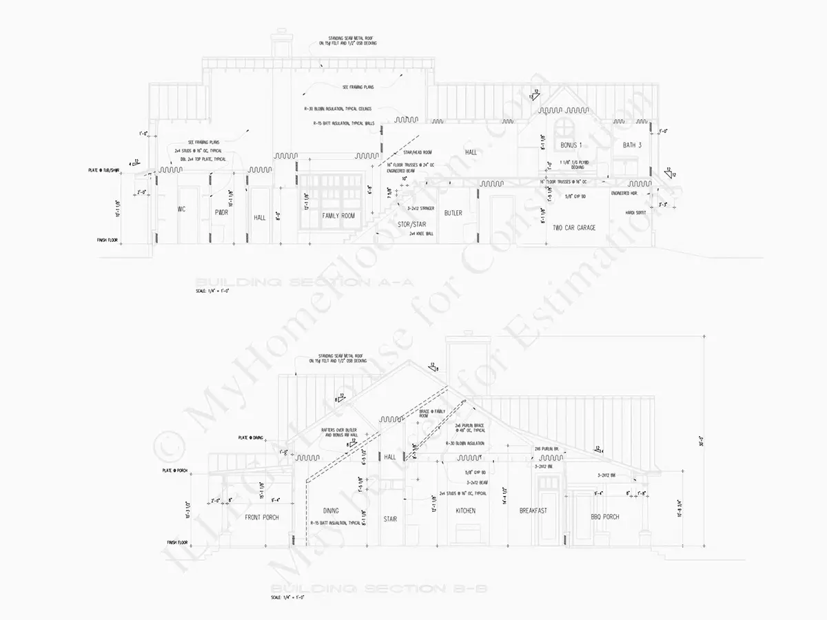 Namo projektas su mansarda 272 m²: 2 Miegamieji, Darbo kambarys, 4 Vonios, Atvira virtuvė, Garažas