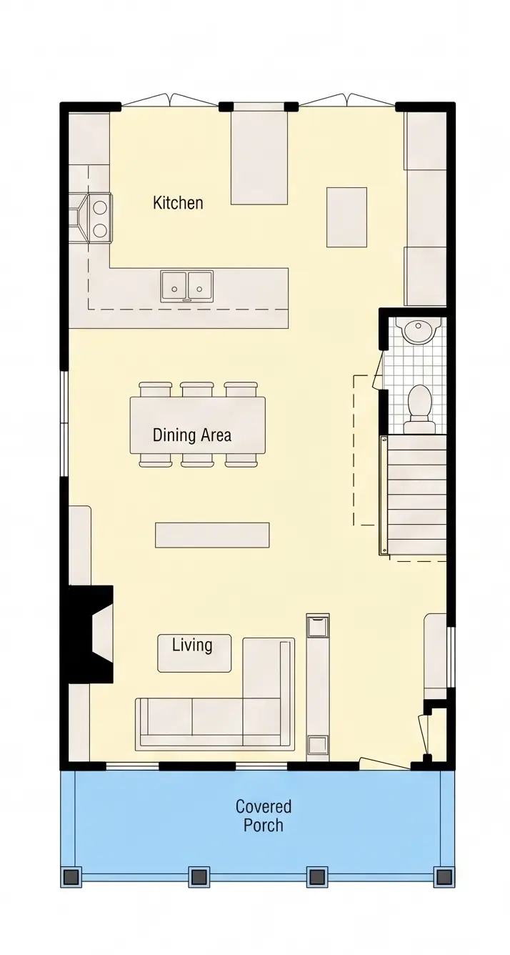 Pirmas Aukštas 8 – Trijų aukštų namo projektas 211 m²: 3 Miegamieji, Darbo kambarys, 3 Vonios, Atvira virtuvė, be Garažo — 40783R