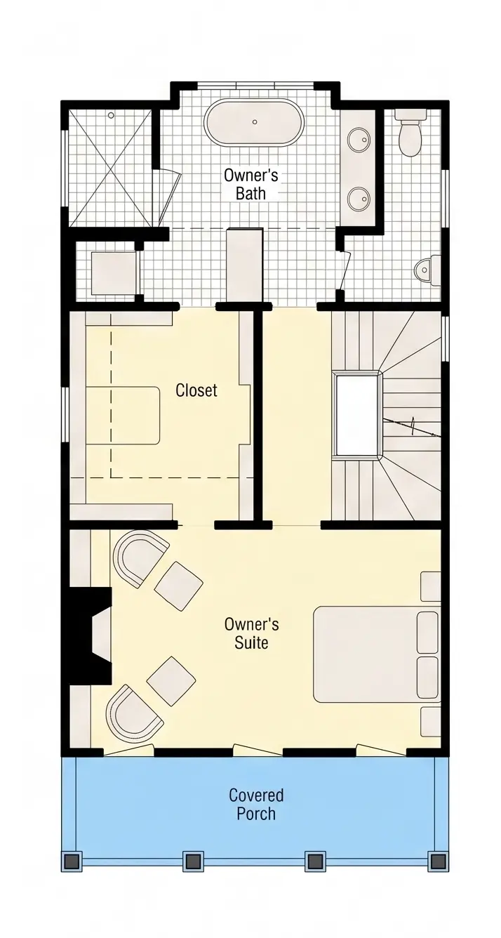 Antras Aukštas 9 – Trijų aukštų namo projektas 211 m²: 3 Miegamieji, Darbo kambarys, 3 Vonios, Atvira virtuvė, be Garažo — 40783R