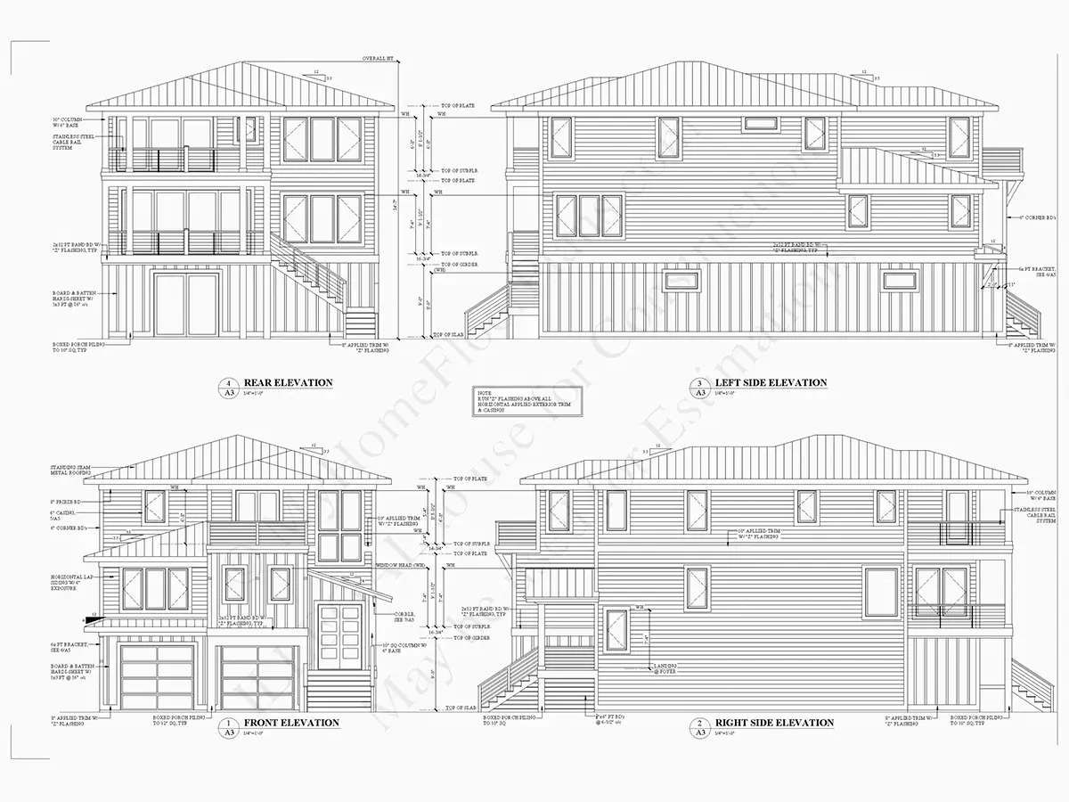 Fasadai 6 – Trijų aukštų namo projektas 340 m²: 4 Miegamieji, 5 Vonios, Atvira virtuvė, Garažas — 68354R