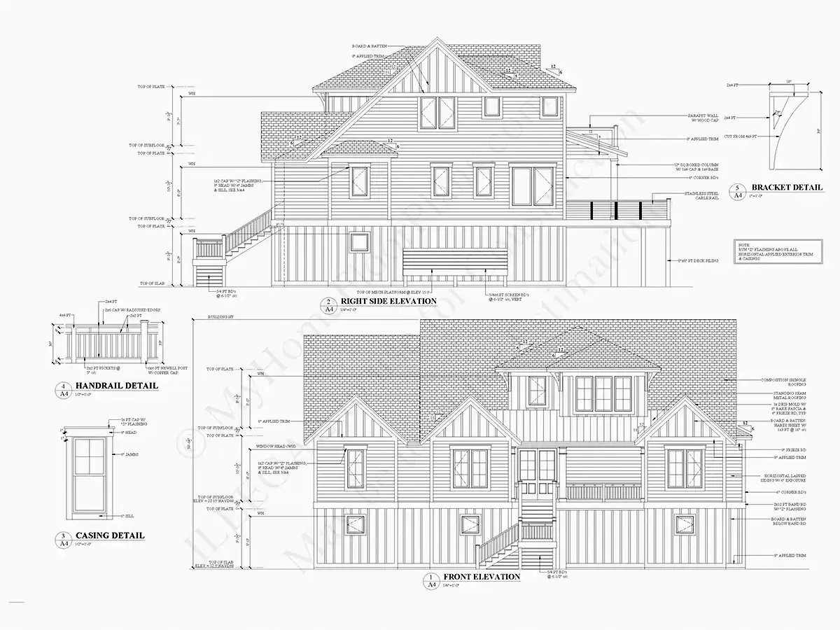 Fasadai 8 – Trijų aukštų namo projektas 377 m²: 4 Miegamieji, Darbo kambarys, 5 Vonios, Garažas — 89611R