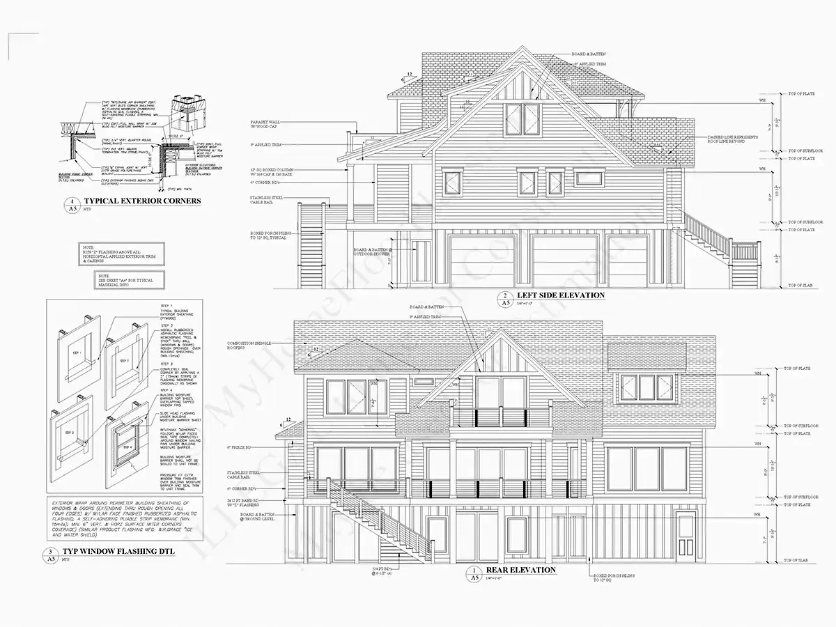 Fasadai 7 – Trijų aukštų namo projektas 377 m²: 4 Miegamieji, Darbo kambarys, 5 Vonios, Garažas — 89611R