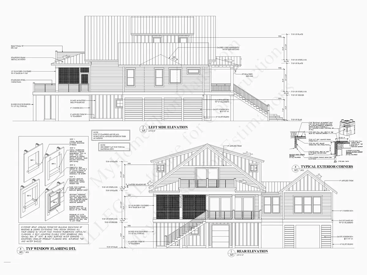 Fasadai 5 – Trijų aukštų namo projektas 340 m²: 3 Miegamieji, Darbo kambarys, 4 Vonios, Atvira virtuvė, Garažas — 80087R