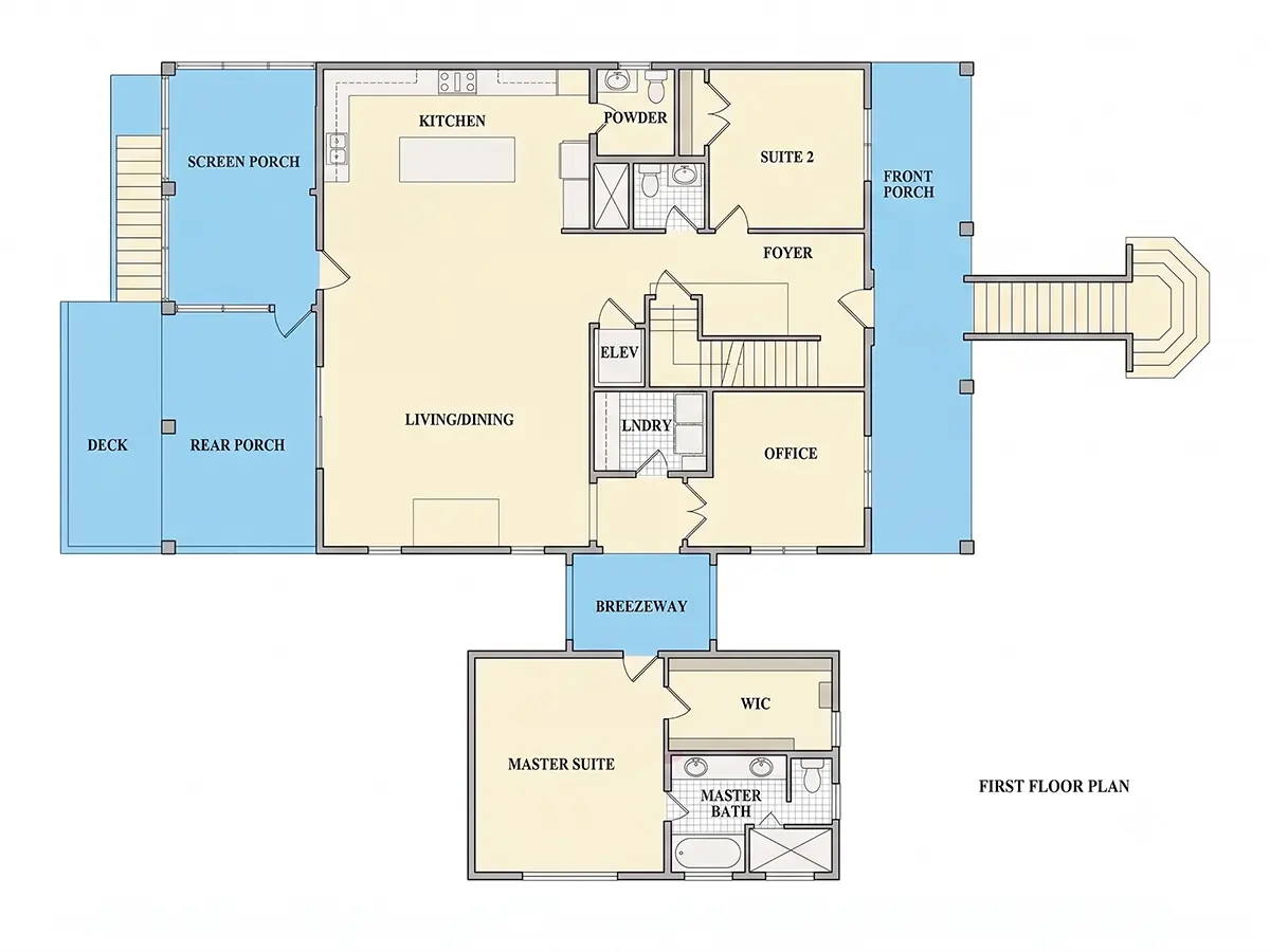 Pirmas Aukštas 8 – Trijų aukštų namo projektas 340 m²: 3 Miegamieji, Darbo kambarys, 4 Vonios, Atvira virtuvė, Garažas — 80087R