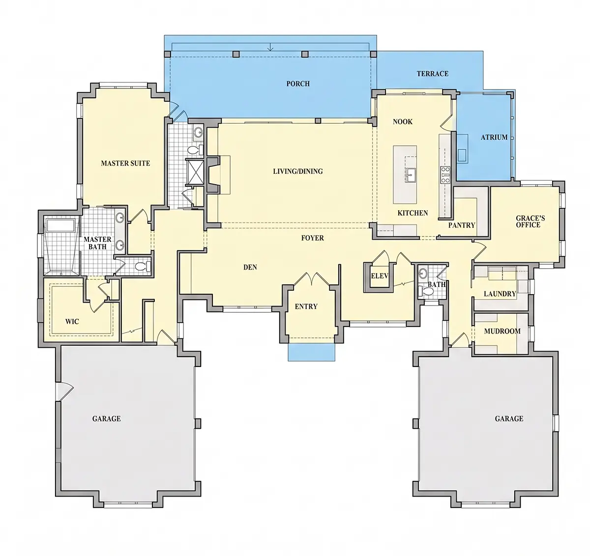 Pirmas Aukštas 9 – Namo projektas su mansarda 480 m²: 4 Miegamieji, Darbo kambarys, 7 Vonios, Atvira virtuvė, Garažas — 22786R