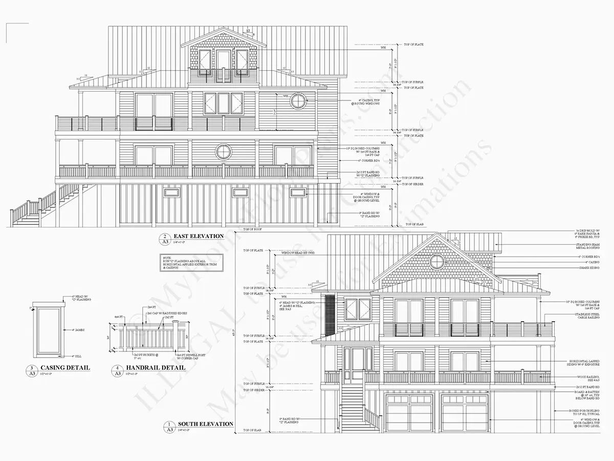 Fasadai 5 – Trijų aukštų namo projektas 379 m²: 3 Miegamieji, Darbo kambarys, 6 Vonios, Atvira virtuvė, Garažas — 85789R