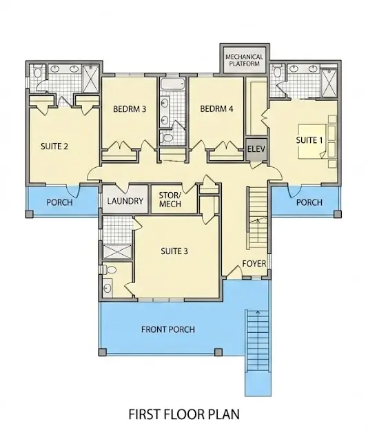 Pirmas Aukštas 7 – Trijų aukštų namo projektas 273 m²: 5 Miegamieji, Darbo kambarys, 5 Vonios, Atvira virtuvė, Garažas — 98339R
