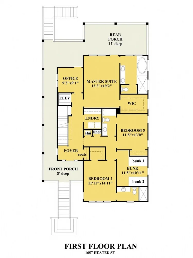 Pirmas Aukštas 14 – Trijų aukštų namo projektas 279 m²: 4 Miegamieji, Darbo kambarys, 5 Vonios, Atvira virtuvė, Garažas — 21358R