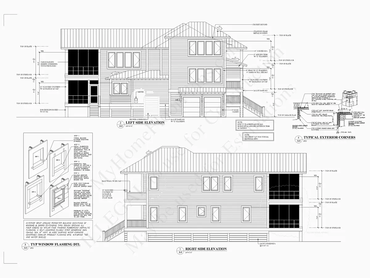 Fasadai 7 – Trijų aukštų namo projektas 256 m²: 3 Miegamieji, 5 Vonios, Atvira virtuvė, Garažas — 44310R