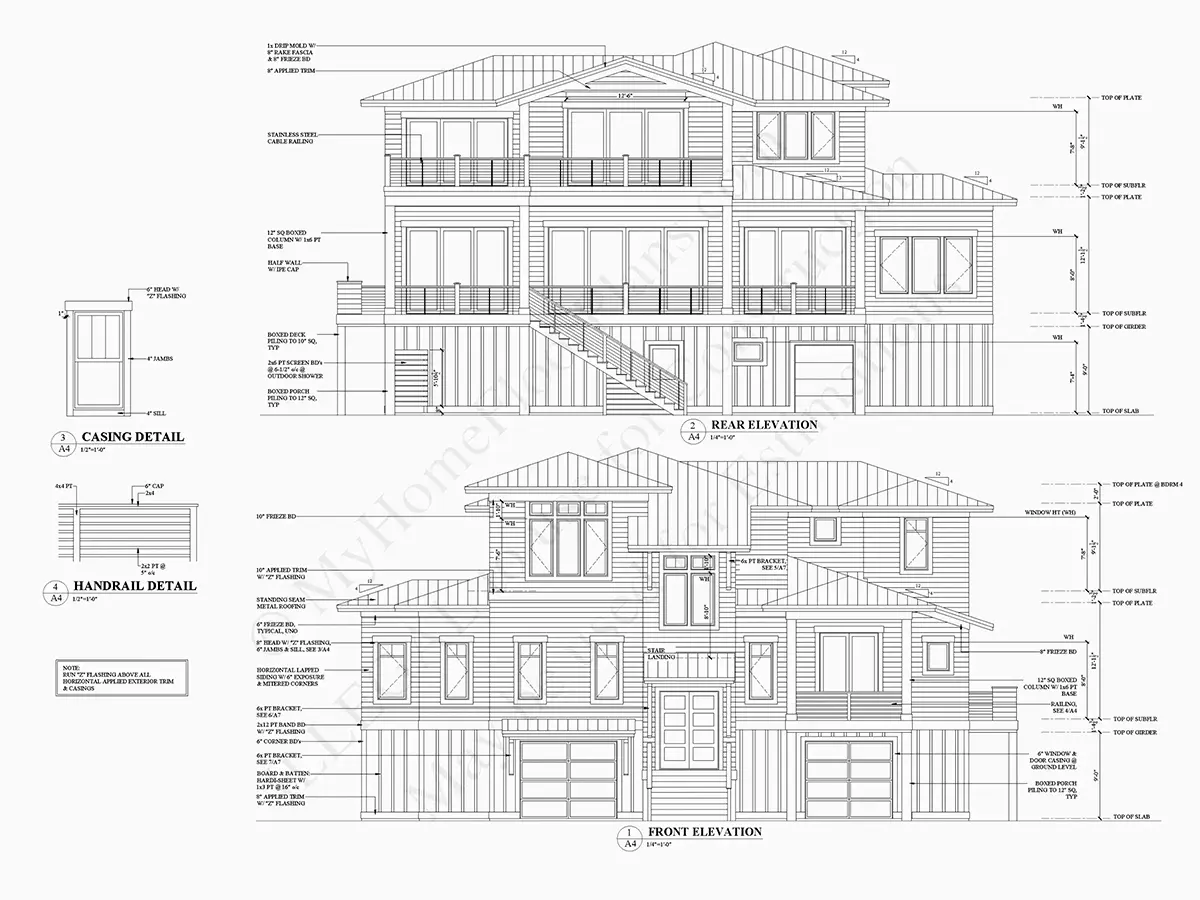 Fasadai 5 – Trijų aukštų namo projektas 382 m²: 4 Miegamieji, Darbo kambarys, 4 Vonios, Atvira virtuvė, Garažas — 24376R