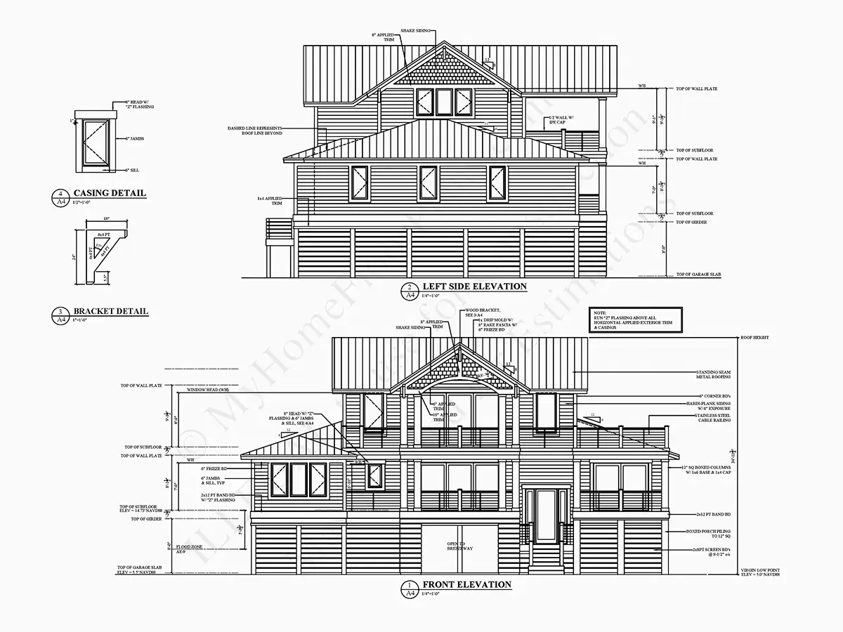 Fasadai 4 – Trijų aukštų namo projektas 275 m²: 3 Miegamieji, 3 Vonios, Atvira virtuvė, Garažas — 92647R
