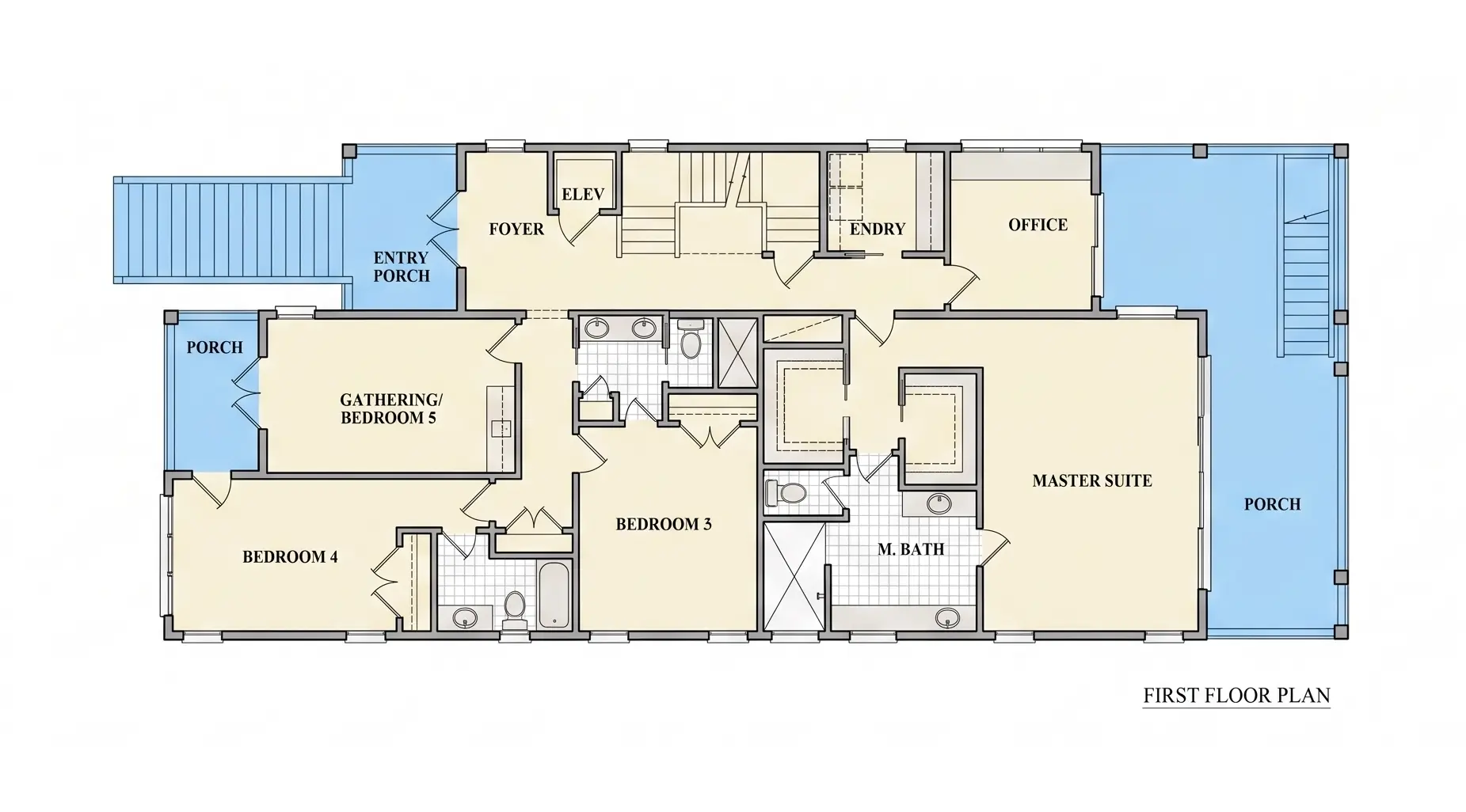 Pirmas Aukštas 31 – Trijų aukštų namo projektas 446 m²: 5 Miegamieji, Darbo kambarys, 6 Vonios, Atvira virtuvė, Garažas — 96183R