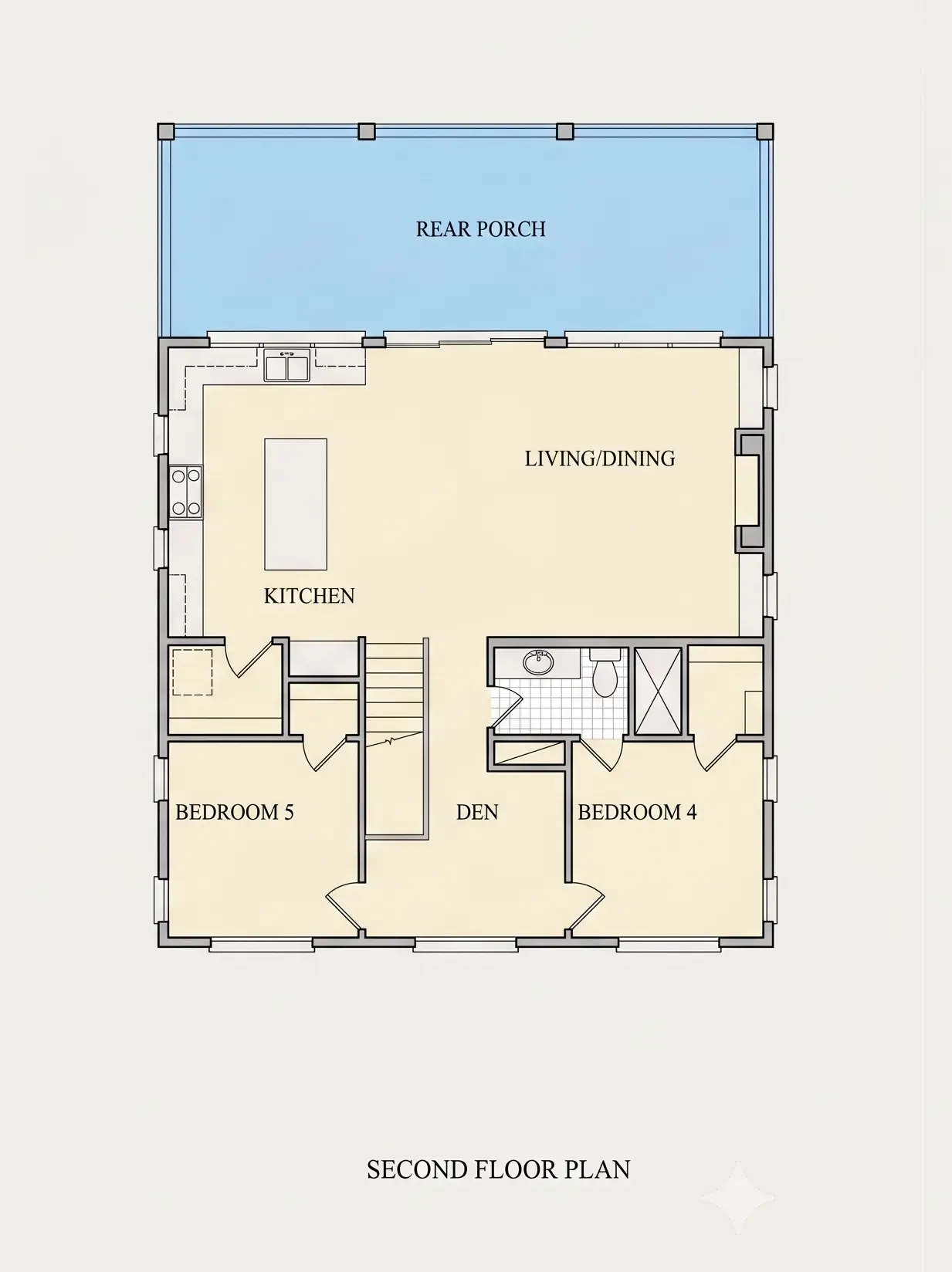 Antras Aukštas 23 – Dviejų aukštų namo projektas 219 m²: 5 Miegamieji, 3 Vonios, Atvira virtuvė, be Garažo — 53391R