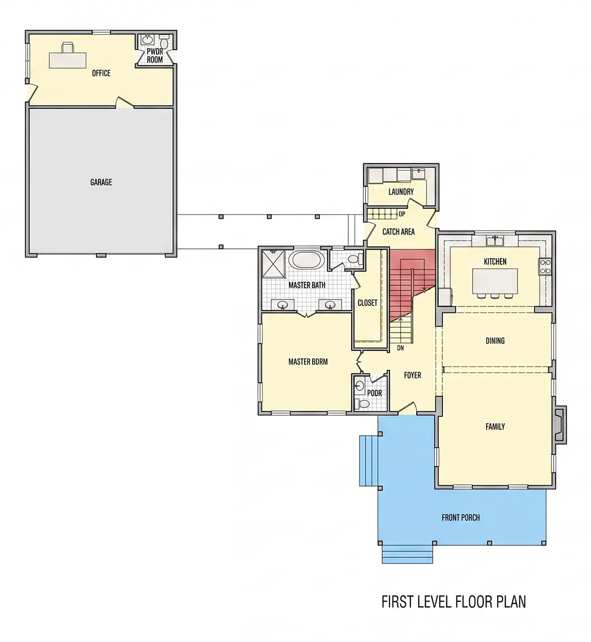 Pirmas Aukštas 8 – Dviejų aukštų namo projektas 275 m²: 3 Miegamieji, Darbo kambarys, 5 Vonios, Atvira virtuvė, Garažas — 85873R