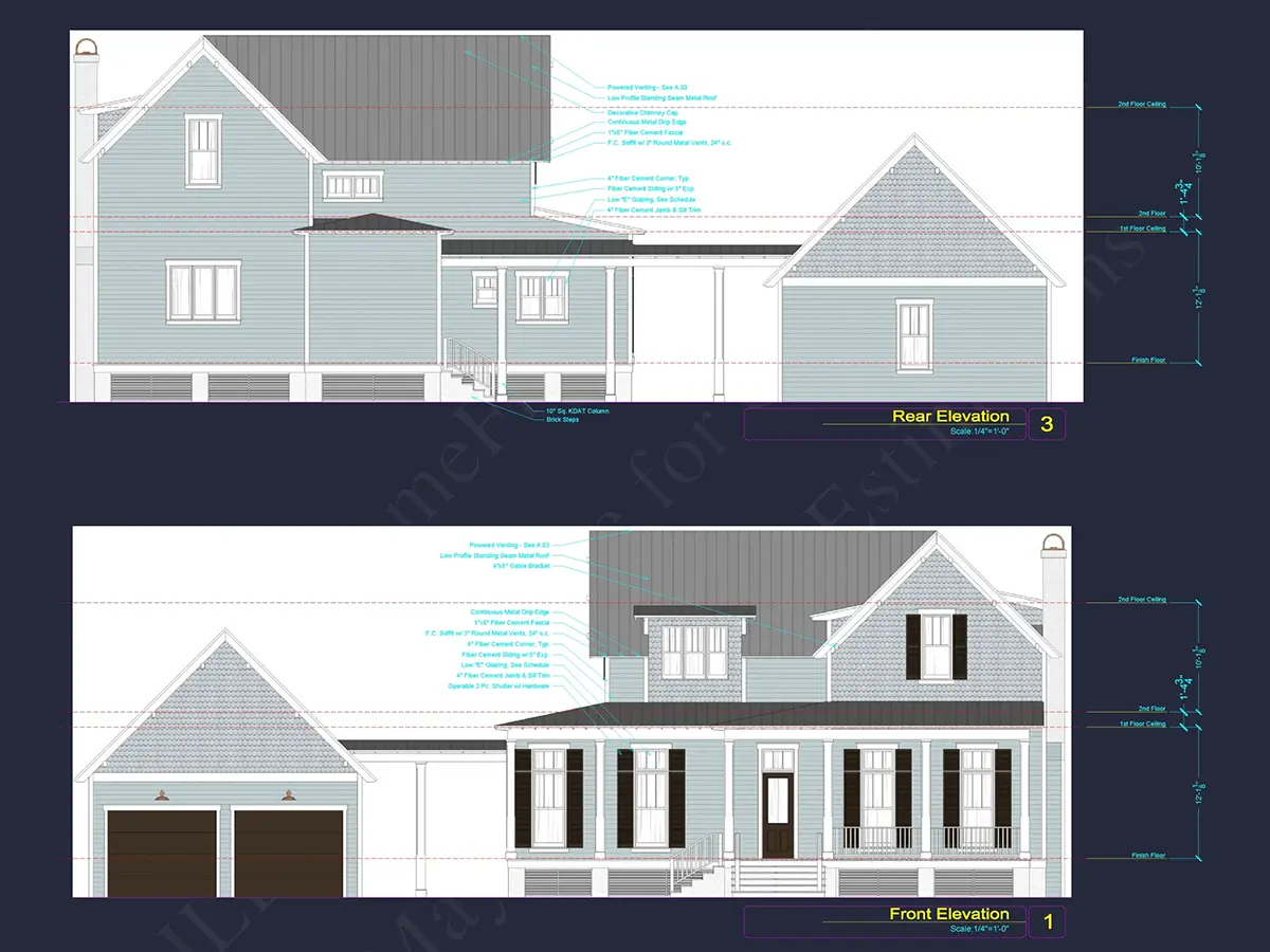 Fasadai 6 – Dviejų aukštų namo projektas 275 m²: 3 Miegamieji, Darbo kambarys, 5 Vonios, Atvira virtuvė, Garažas — 85873R
