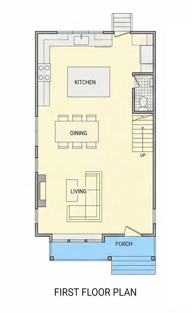 Pirmas Aukštas 8 – Trijų aukštų namo projektas 200 m²: 3 Miegamieji, Darbo kambarys, 3 Vonios, Atvira virtuvė, be Garažo — 94090R