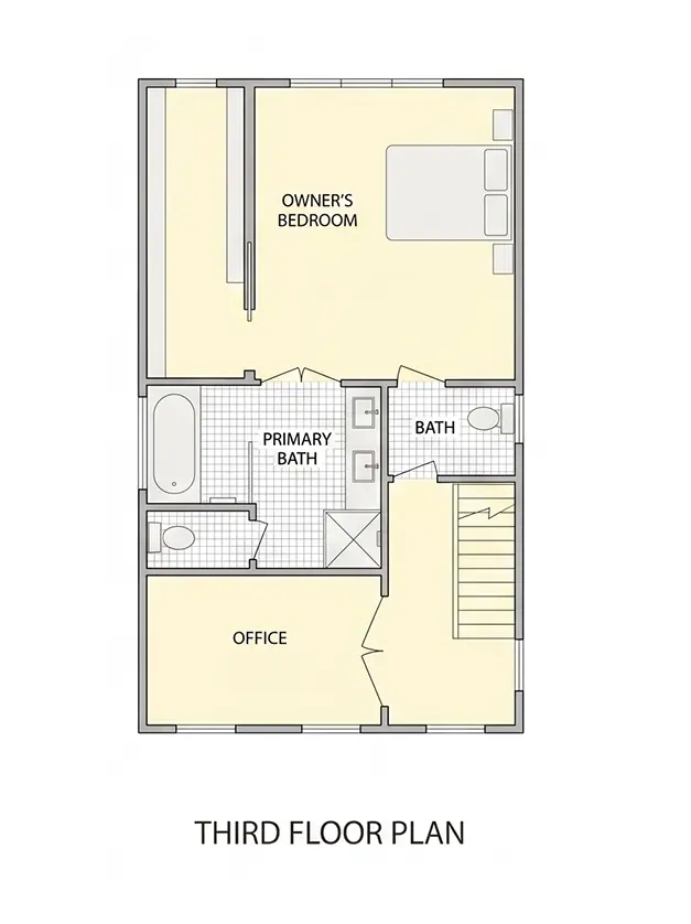 Rūsys 11 – Trijų aukštų namo projektas 209 m²: 3 Miegamieji, Darbo kambarys, 4 Vonios, Atvira virtuvė, be Garažo — 24064R
