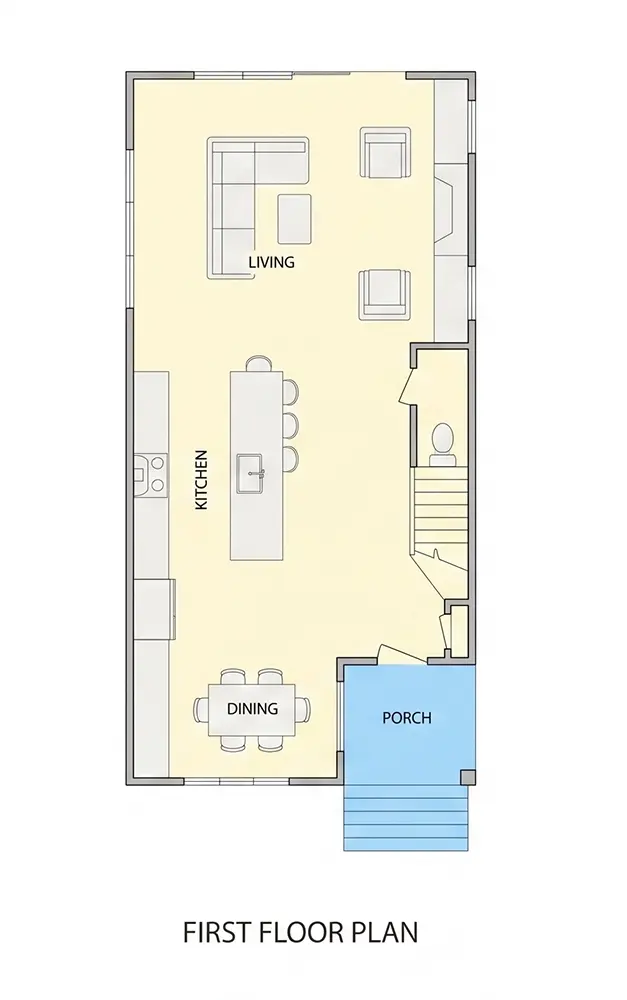 Pirmas Aukštas 9 – Trijų aukštų namo projektas 209 m²: 3 Miegamieji, Darbo kambarys, 4 Vonios, Atvira virtuvė, be Garažo — 24064R