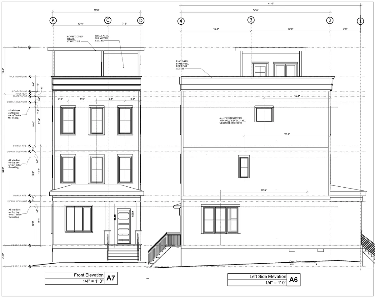 Fasadai 7 – Trijų aukštų namo projektas 209 m²: 3 Miegamieji, Darbo kambarys, 4 Vonios, Atvira virtuvė, be Garažo — 24064R