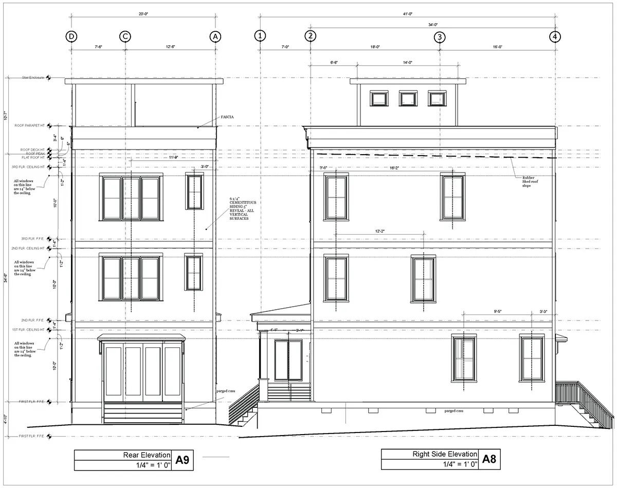 Fasadai 6 – Trijų aukštų namo projektas 209 m²: 3 Miegamieji, Darbo kambarys, 4 Vonios, Atvira virtuvė, be Garažo — 24064R
