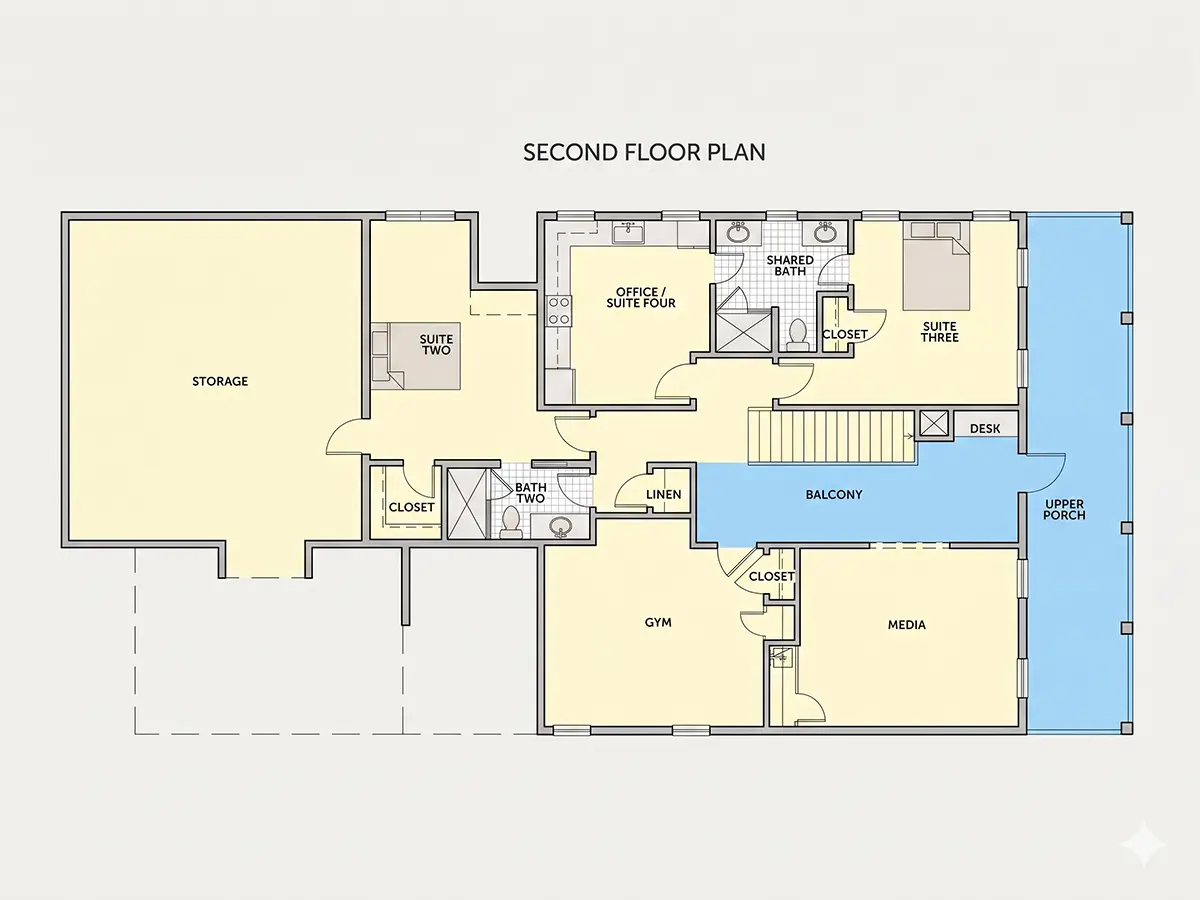 Antras Aukštas 10 – Dviejų aukštų namo projektas 384 m²: 3 Miegamieji, 4 Vonios, Garažas — 61518R