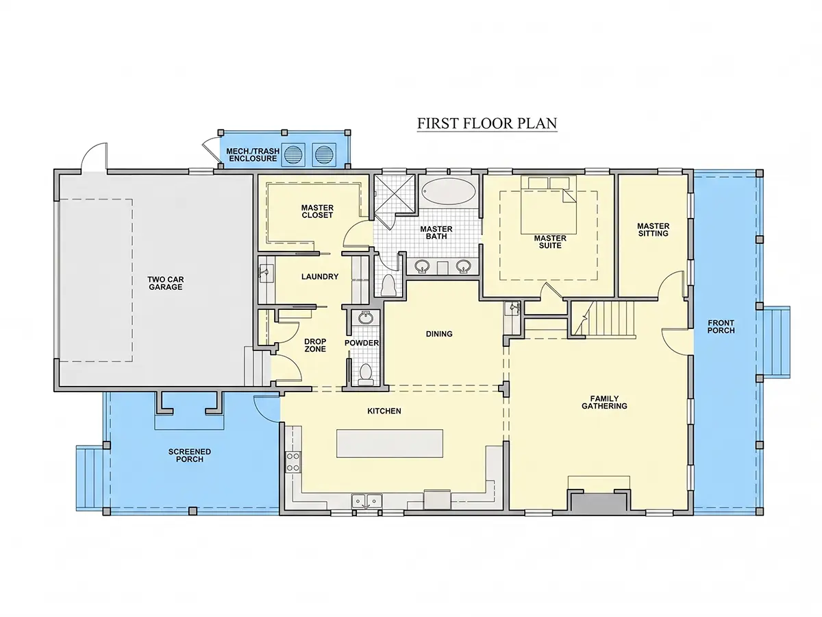 Pirmas Aukštas 9 – Dviejų aukštų namo projektas 384 m²: 3 Miegamieji, 4 Vonios, Garažas — 61518R
