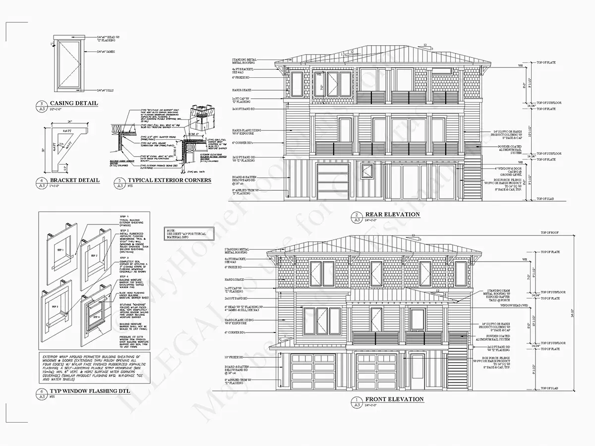 Fasadai 6 – Trijų aukštų namo projektas 430 m²: 4 Miegamieji, Darbo kambarys, 5 Vonios, Atvira virtuvė, Garažas — 49560R