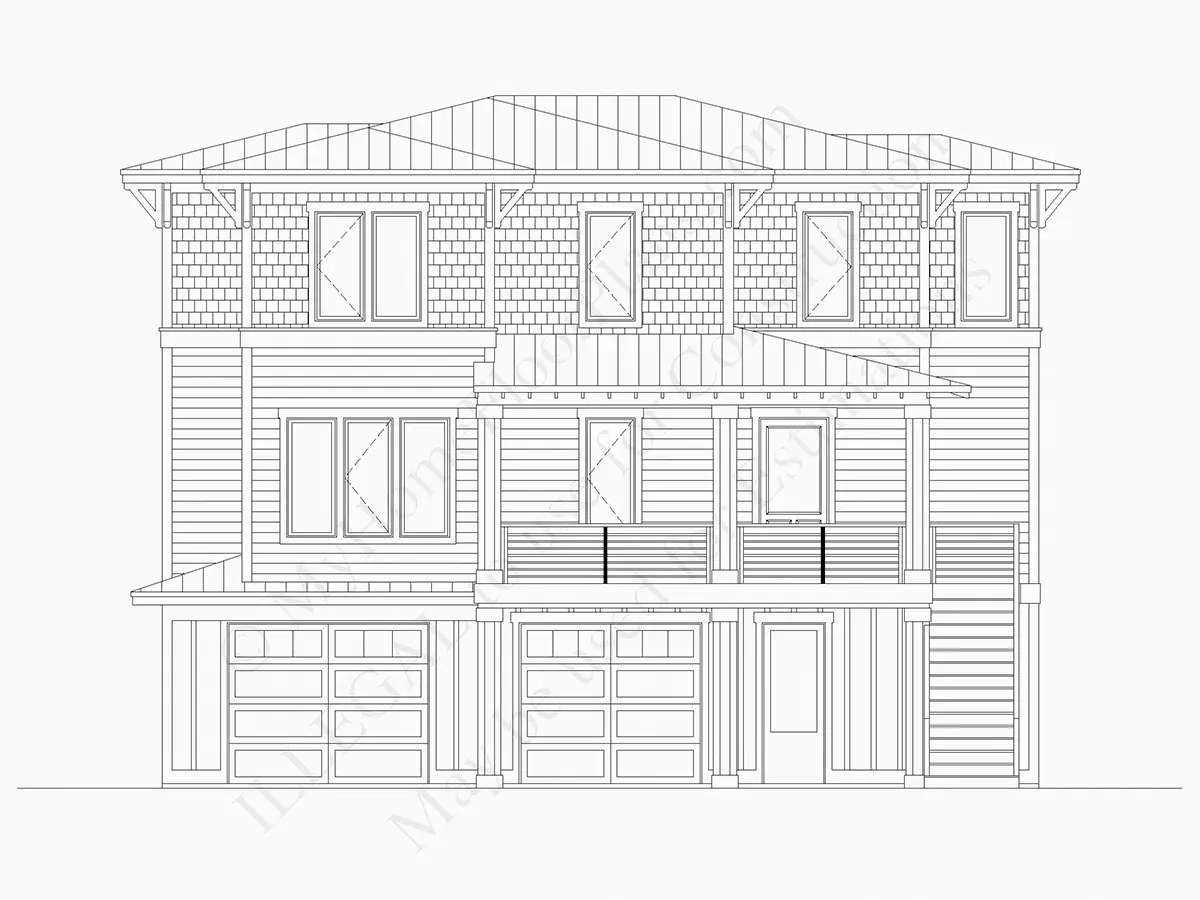 Fasadai 5 – Trijų aukštų namo projektas 430 m²: 4 Miegamieji, Darbo kambarys, 5 Vonios, Atvira virtuvė, Garažas — 49560R