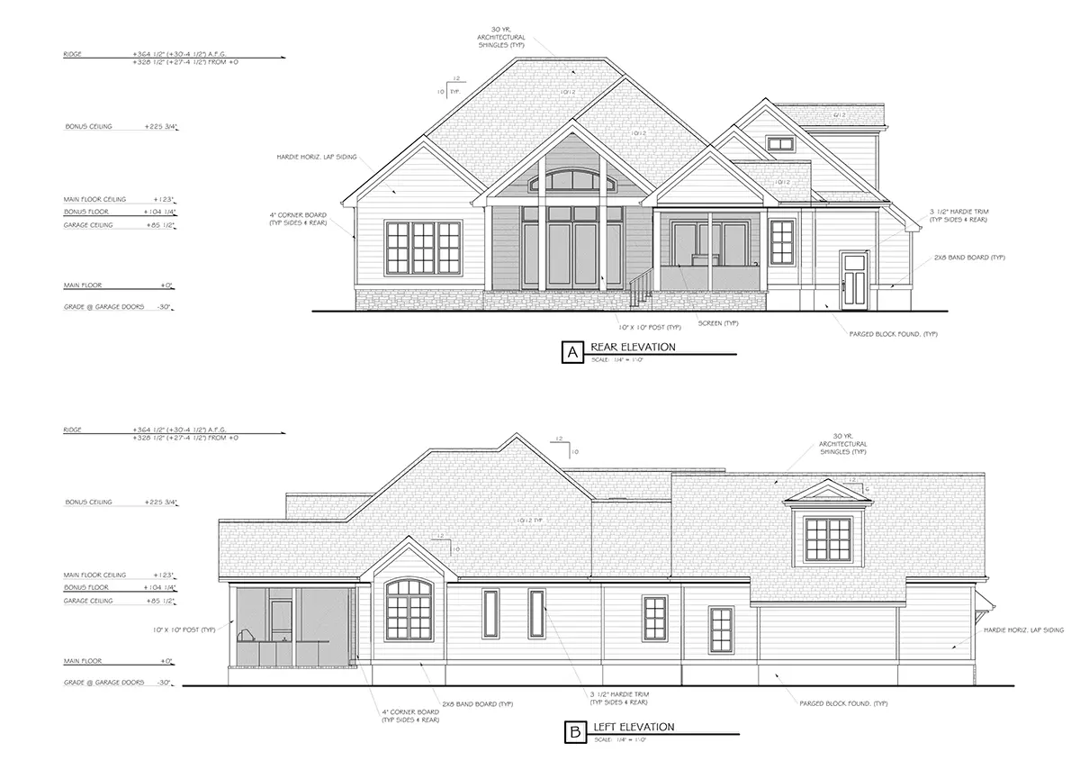 Fasadai 9 – Namo projektas su mansarda 252 m²: 2 Miegamieji, Darbo kambarys, 5 Vonios, Atvira virtuvė, Garažas — 77130R
