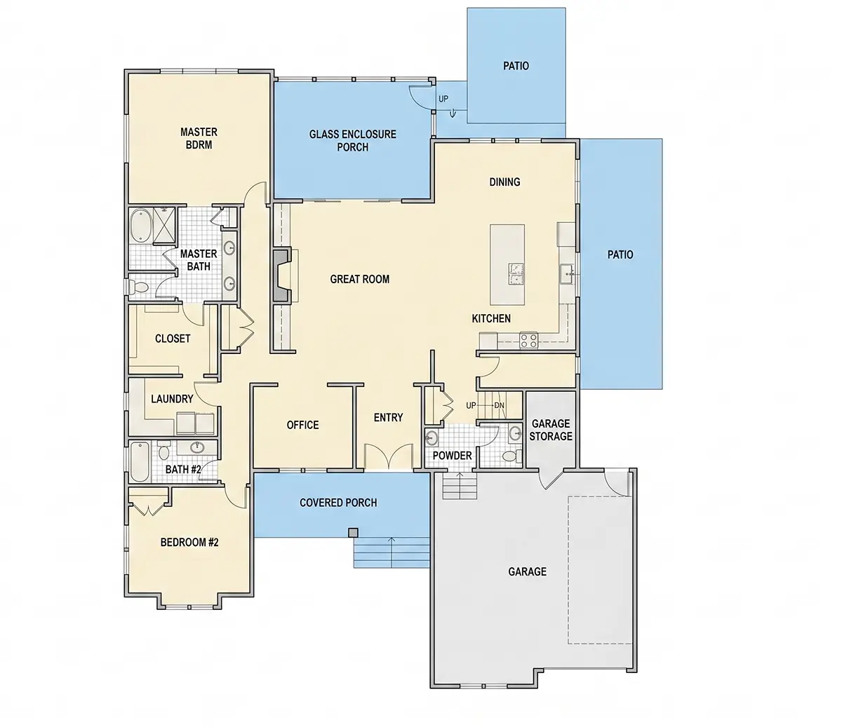 Pirmas Aukštas 23 – Namo projektas su mansarda 304 m²: 3 Miegamieji, Darbo kambarys, 4 Vonios, Atvira virtuvė, Garažas — 17048R