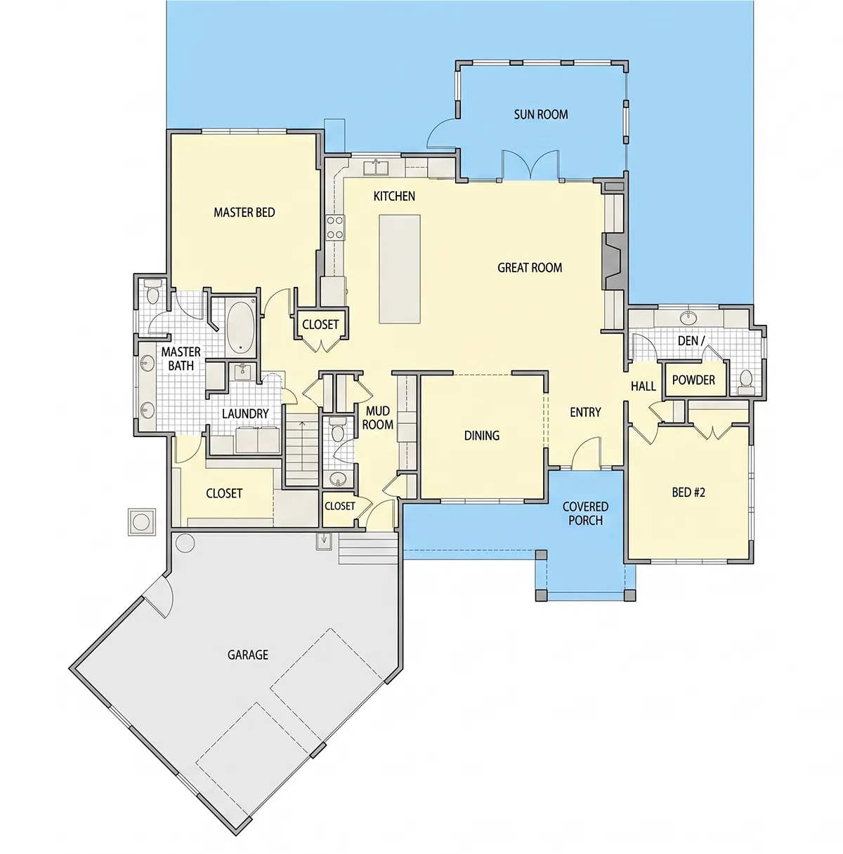 Pirmas Aukštas 6 – Namo projektas su mansarda 263 m²: 4 Miegamieji, 4 Vonios, Atvira virtuvė, Garažas — 44273R