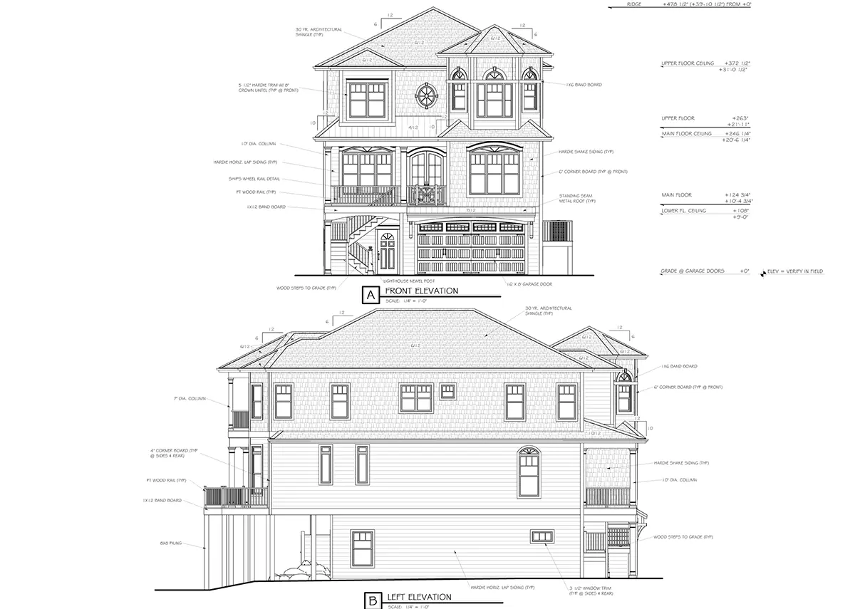 Fasadai 12 – Trijų aukštų namo projektas 355 m²: 4 Miegamieji, Darbo kambarys, 4 Vonios, Atvira virtuvė, Garažas — 13825R