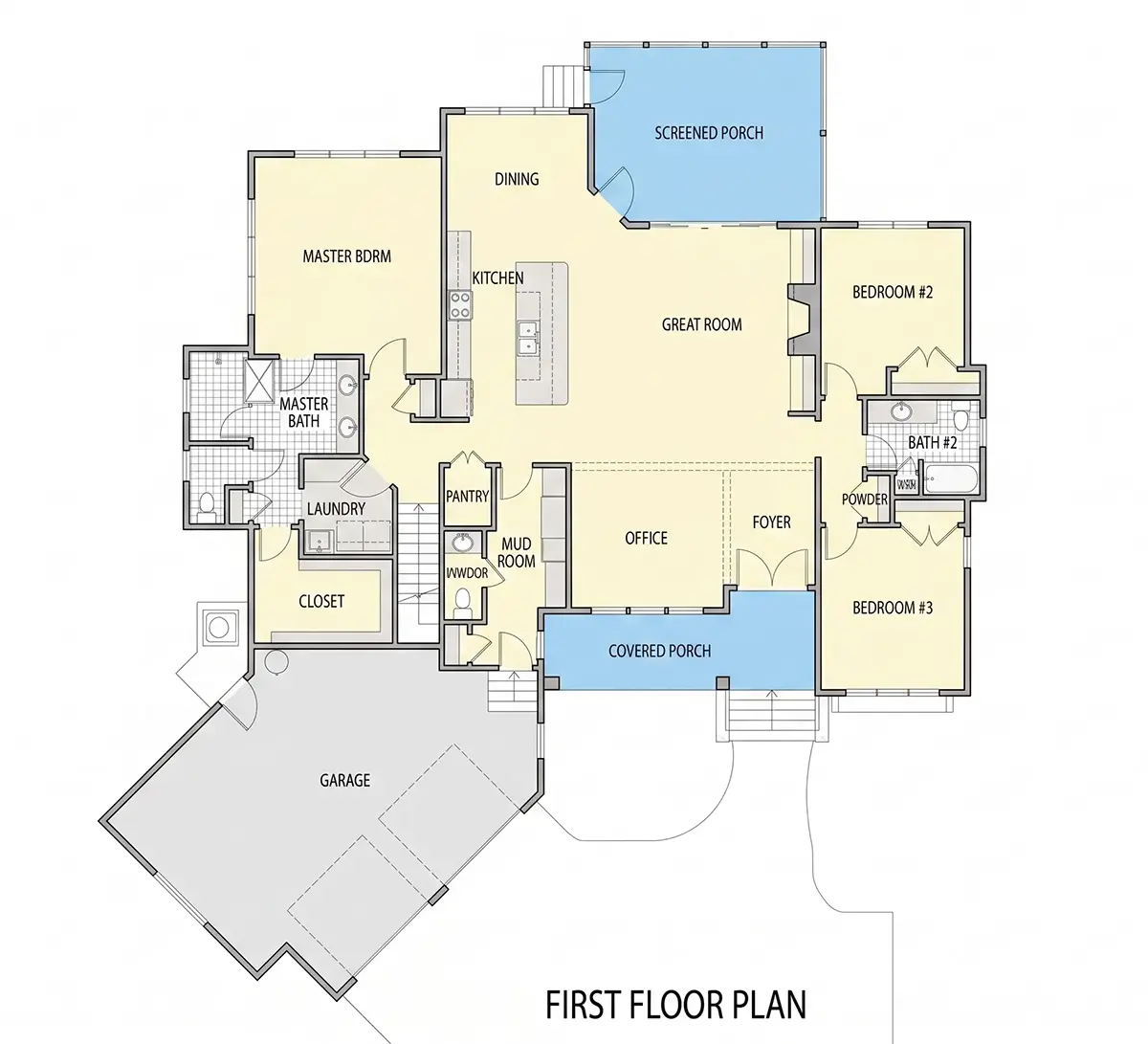Pirmas Aukštas 18 – Namo projektas su mansarda 270 m²: 3 Miegamieji, Darbo kambarys, 4 Vonios, Atvira virtuvė, Garažas — 39461R