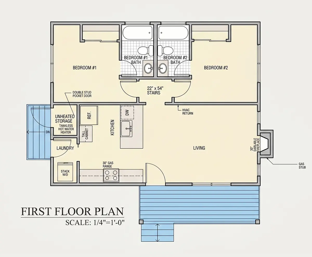 Pirmas Aukštas 6 – Vieno aukšto namo projektas 70 m²: 2 Miegamieji, 2 Vonios, Atvira virtuvė, be Garažo — 10449R