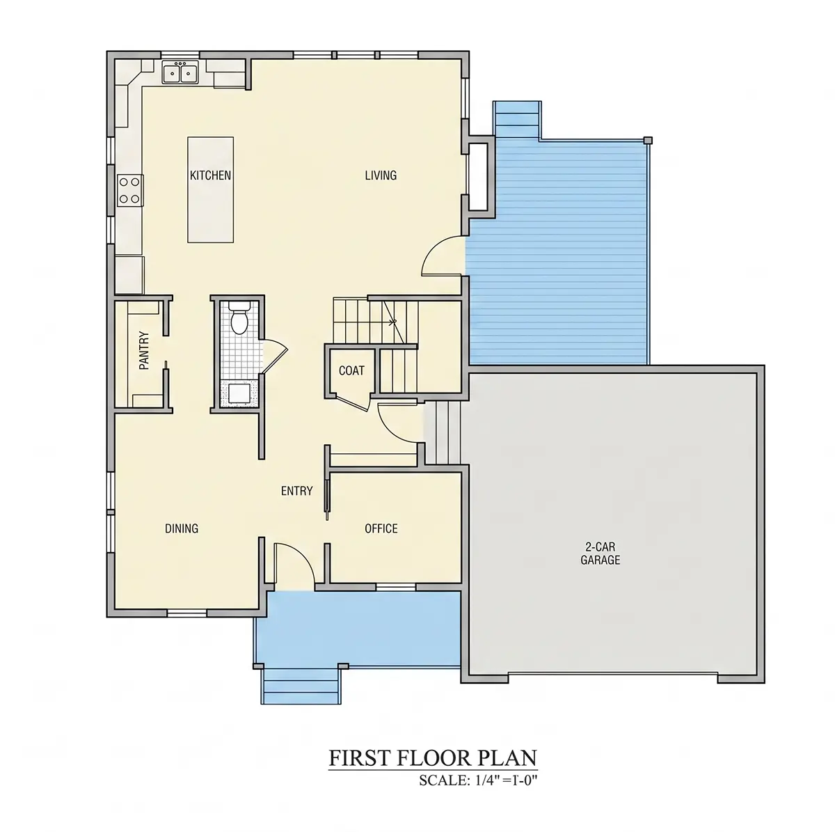 Pirmas Aukštas 8 – Dviejų aukštų namo projektas 246 m²: 4 Miegamieji, Darbo kambarys, 4 Vonios, Atvira virtuvė, Garažas — 14228R