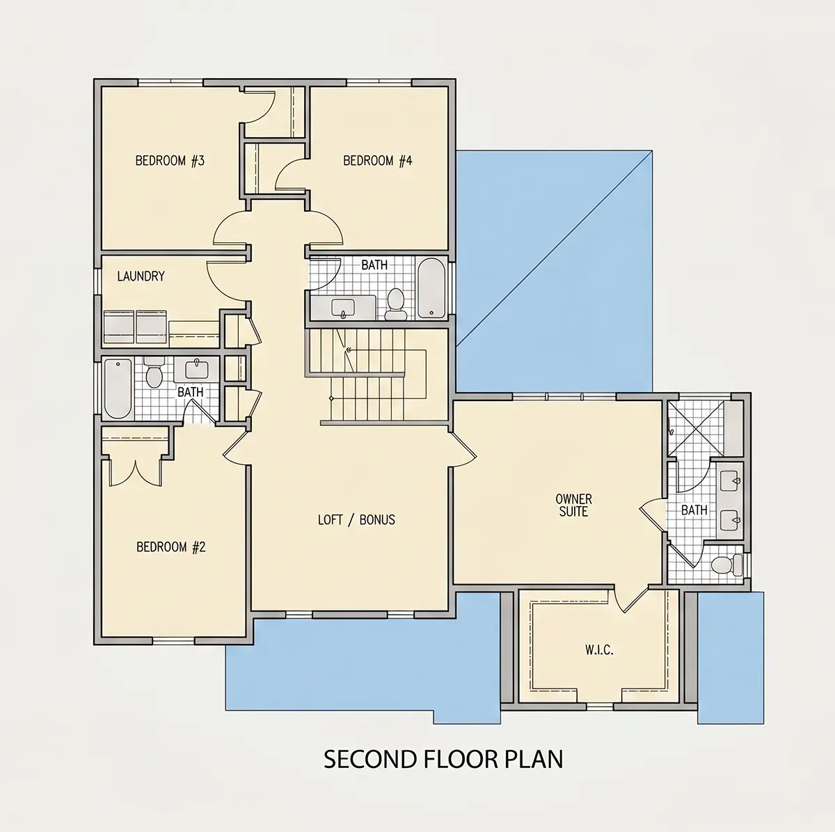 Antras Aukštas 9 – Dviejų aukštų namo projektas 246 m²: 4 Miegamieji, Darbo kambarys, 4 Vonios, Atvira virtuvė, Garažas — 14228R