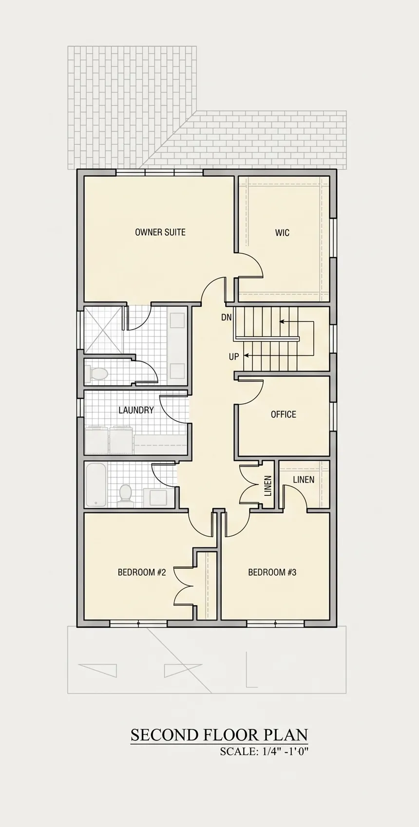 Antras Aukštas 11 – Dviejų aukštų namo projektas + rūsiu 274 m²: 4 Miegamieji, Darbo kambarys, 4 Vonios, Atvira virtuvė, Garažas — 57702R