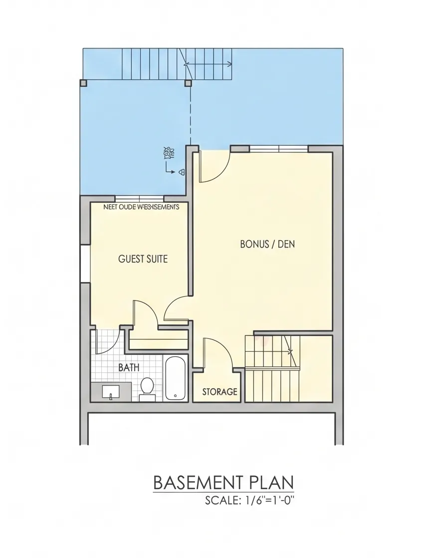 Rūsys 9 – Dviejų aukštų namo projektas + rūsiu 274 m²: 4 Miegamieji, Darbo kambarys, 4 Vonios, Atvira virtuvė, Garažas — 57702R